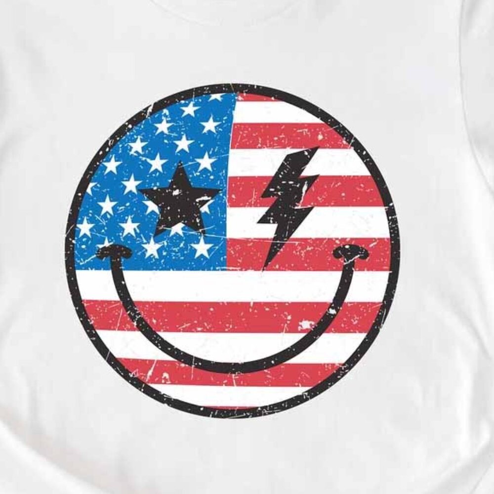 Retro Star Lightning T-Shirt, American Flag Smiley Face TShirt, Funny Tees - Picture 2 of 4